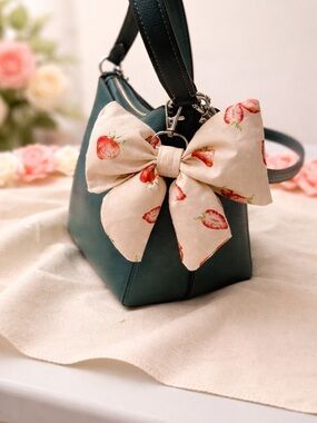Strawberry Print Pink Bow Bag Charm for Kids